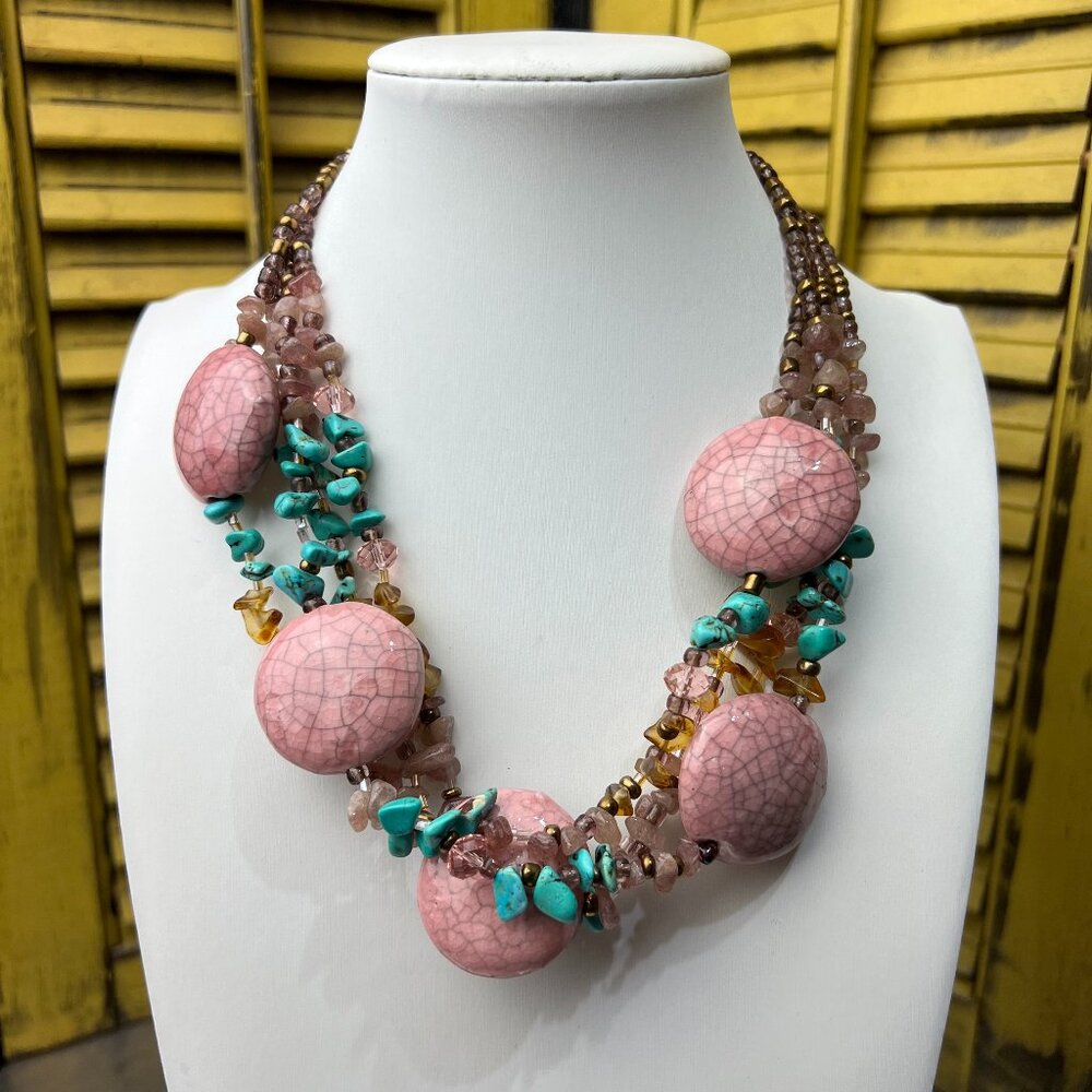 Cynthia Gayle Porcelain, Glass and Stone Necklace in Pink and Turquoise